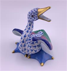 Herend Honking Goose in Blue Porcelain Figurine